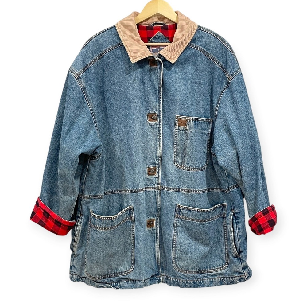 VTG Current Seen Denim Plaid Lined Barn Coat 22W Corduroy Collar Utility USA